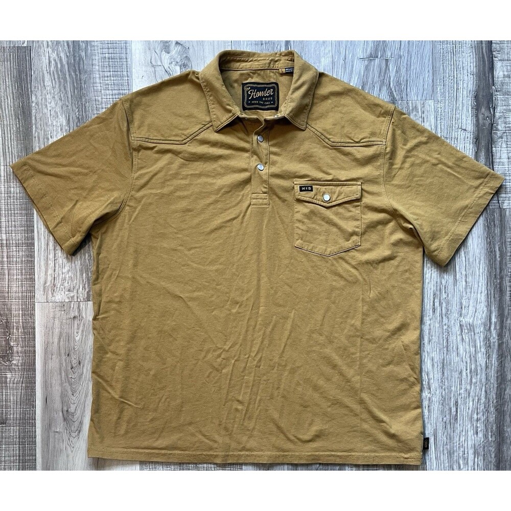 Howler Brothers Mens Large Ranchero Polo Pearl Snap Shirt Short Sleeve Gold
